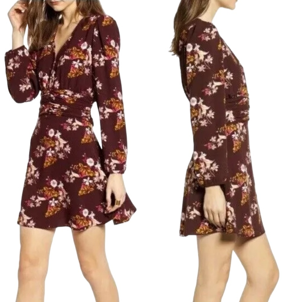 Chelsea28 Burgundy Floral Ruched Waist Mini Dress